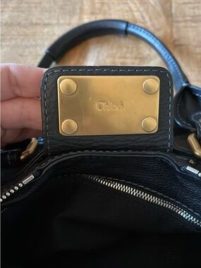 Chloé Black Leather Satchel with Gold Plaque